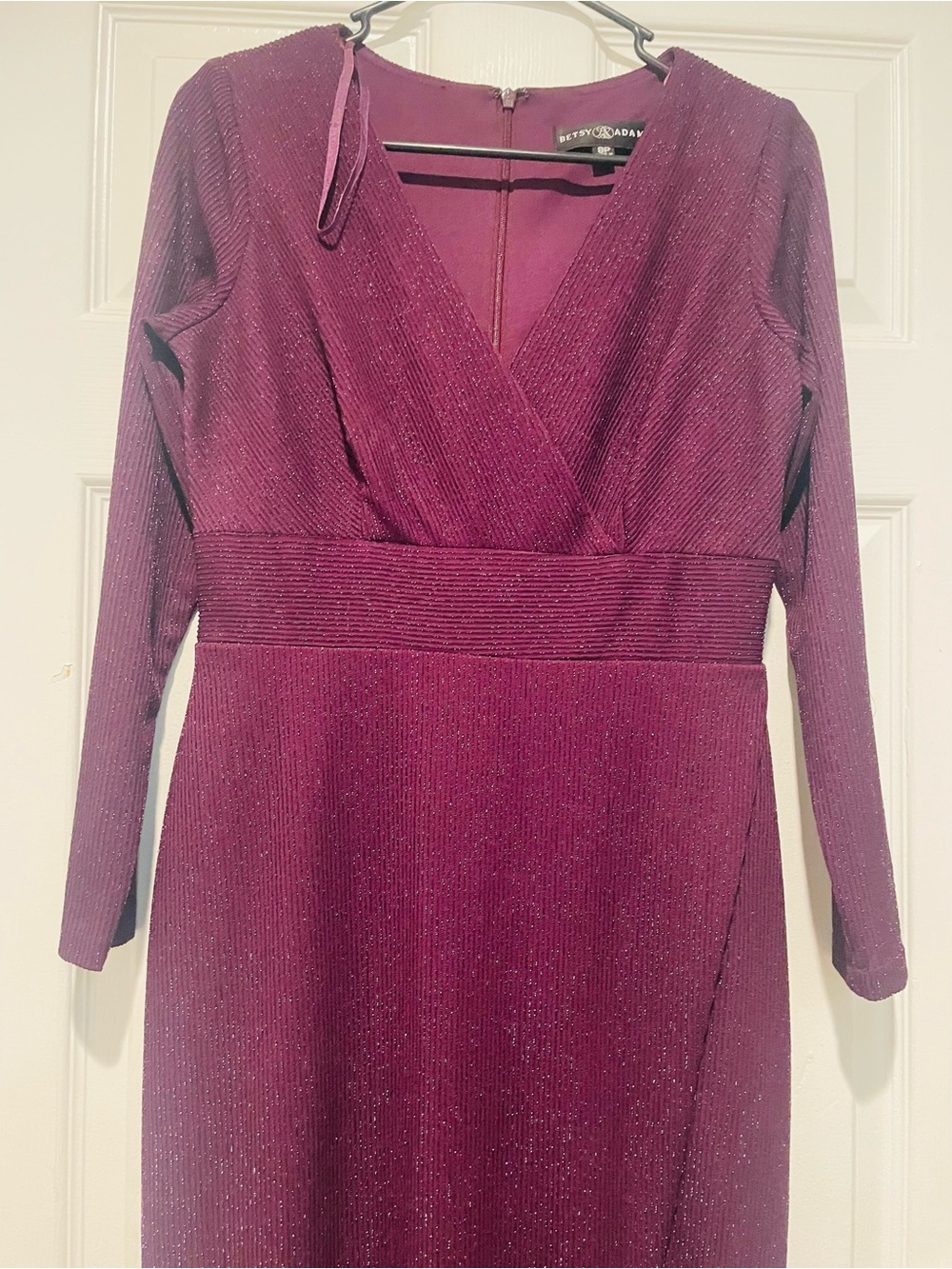 Betsy & Adam Long-Sleeve Sparkle Gown in Burgundy - Picture 3 of 5